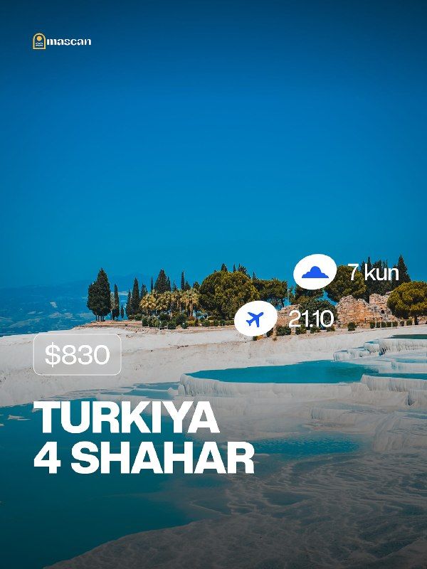 Turkiya bo'ylab tur: Istanbul – Chanakkale – Pamukkale – Antaliya, 7 kun